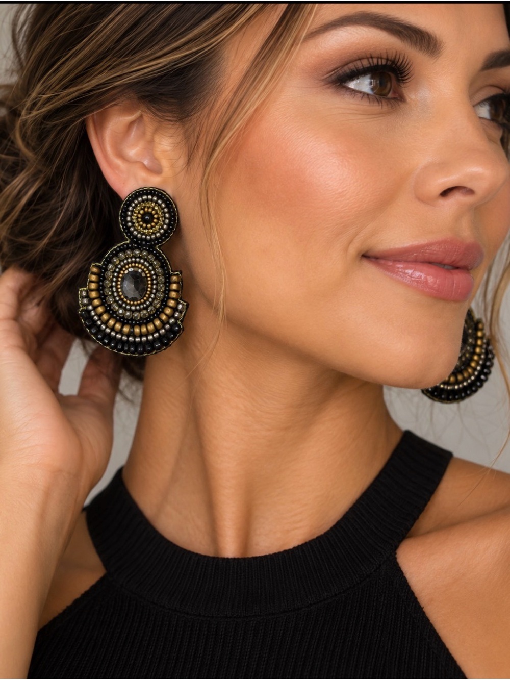 Boho Glam Beaded Statement Earrings Black Gold & Crystal Embellished